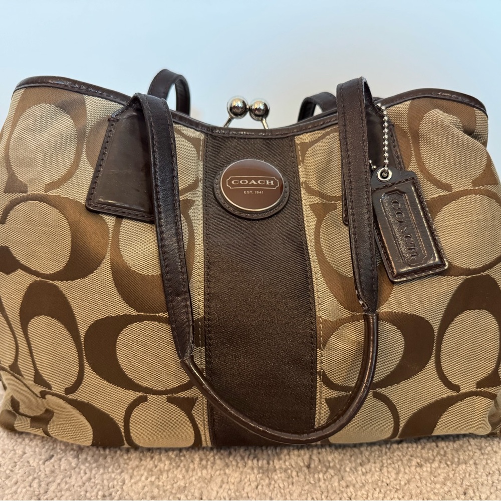 Coach Brown Signature Shoulder Bag with Leather Trim